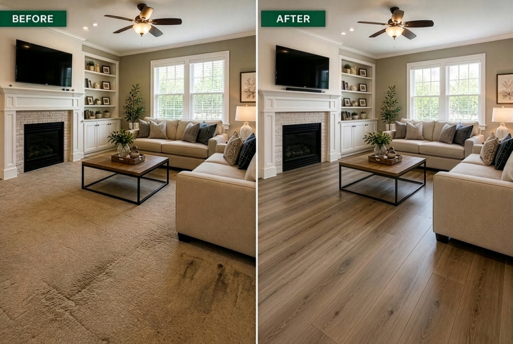 Before and after comparison of a New Orleans living room featuring outdated carpet replaced with modern hardwood flooring to improve home value and buyer appeal.