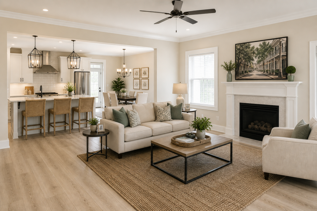 Modern open-concept living room in New Orleans featuring upgraded hardwood flooring that enhances home value and buyer appeal.