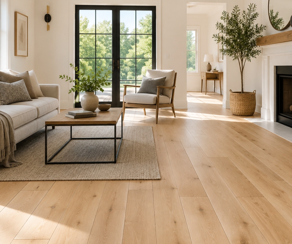 Light natural hardwood flooring in a bright contemporary living room