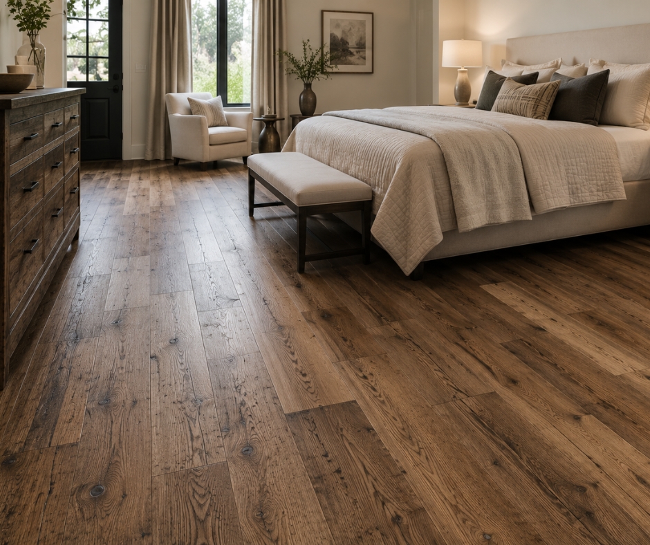 Character and textured hardwood flooring in a luxury bedroom