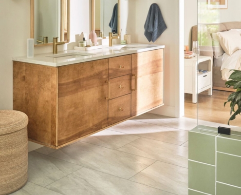 COREtec Tile Opal Travertine flooring in a bright modern bathroom