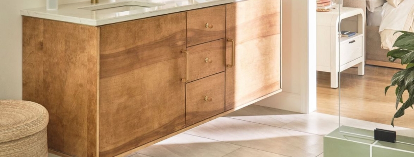 COREtec Tile Opal Travertine flooring in a bright modern bathroom