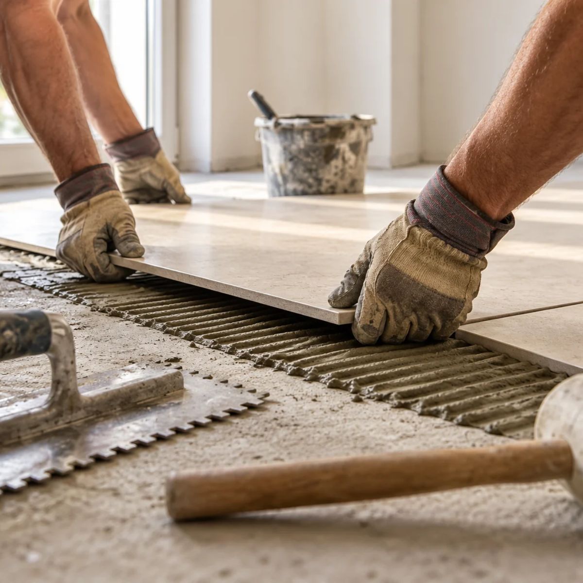Two installers positioning a large beige floor tile over mortar, with a notched trowel and rubber mallet nearby.