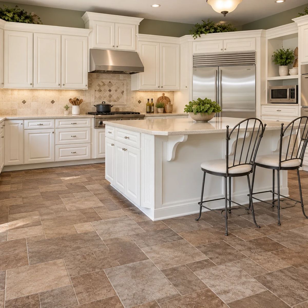White kitchen with an island and earthy brown stone-look floor tiles arranged in a varied-size pattern.